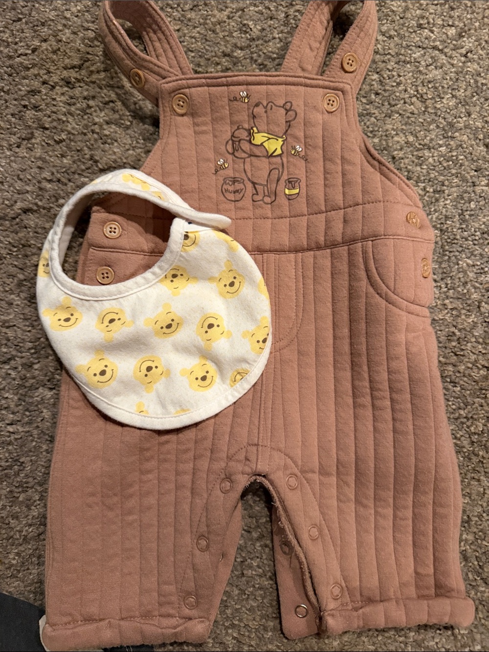 Disney Winnie the Pooh Brown Quilted Overalls with Yellow Bib